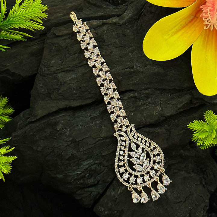 Rose Gold Plated Floral Maang Tikka with American Diamond Stones | Sasitrends