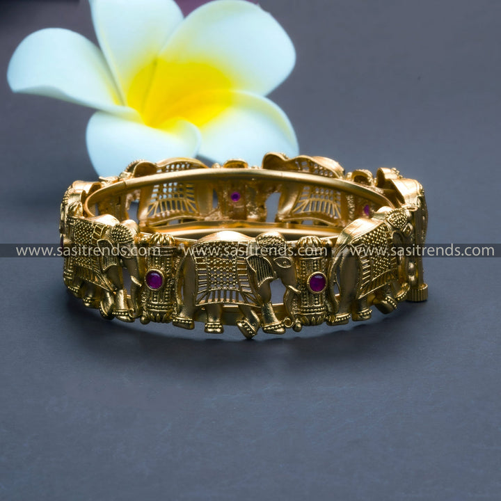 Antique Gold Plated Temple Kada Bangles with Elephant Motifs and Ruby Stones - Bridal Jewelry