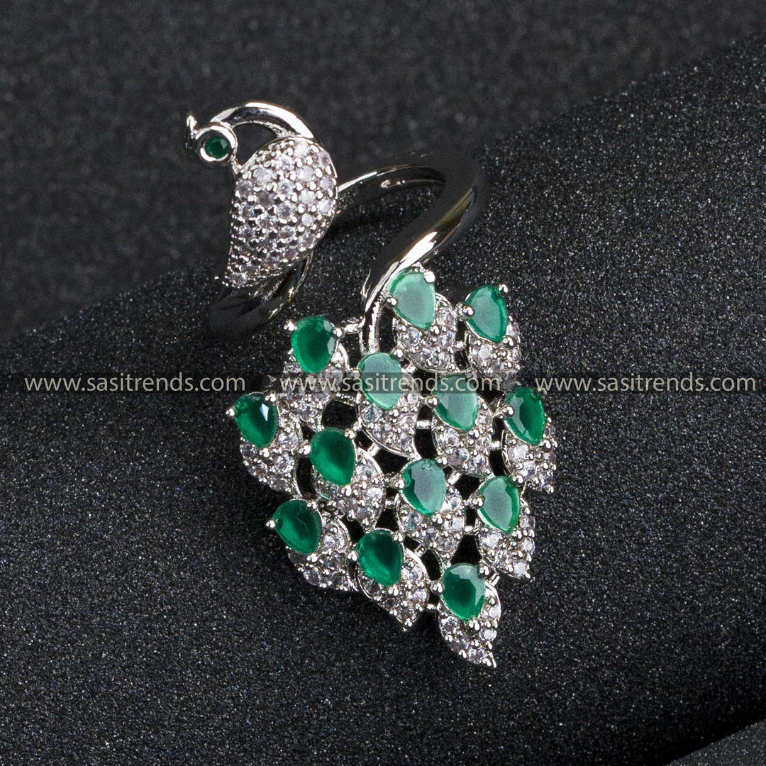 New Bridal: Rhodium Peacock Ring with American Diamonds - Adjustable Finger Ring for Women in Exquisite Green Tones