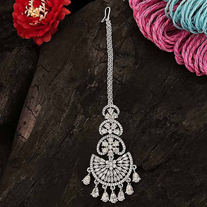 Rhodium Silver Party Wear Maang Tikka Set with Flower Motif and American Diamonds