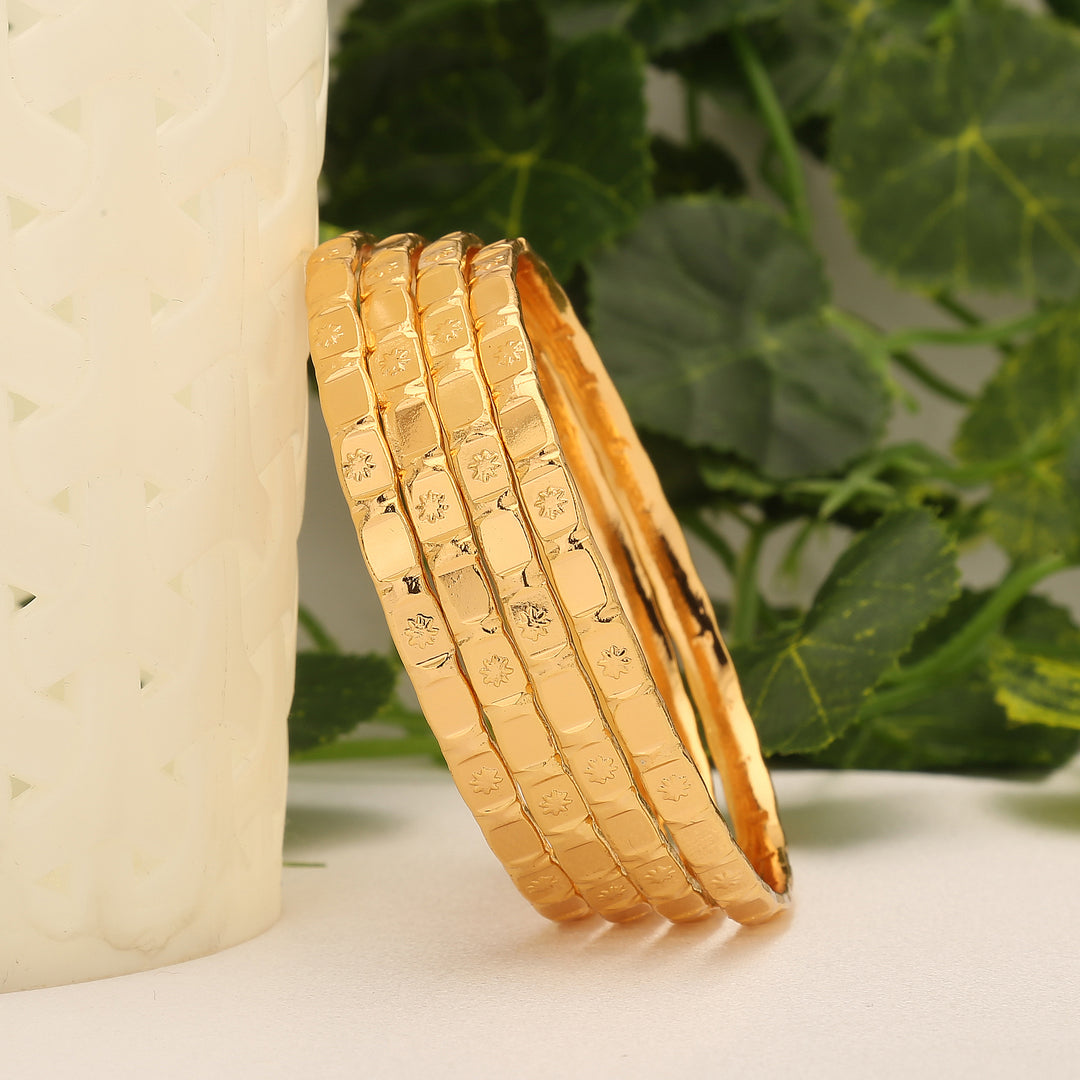 Traditional Jewelry: Micro Gold Plated Rectangular Pattern Bangles Set of 4