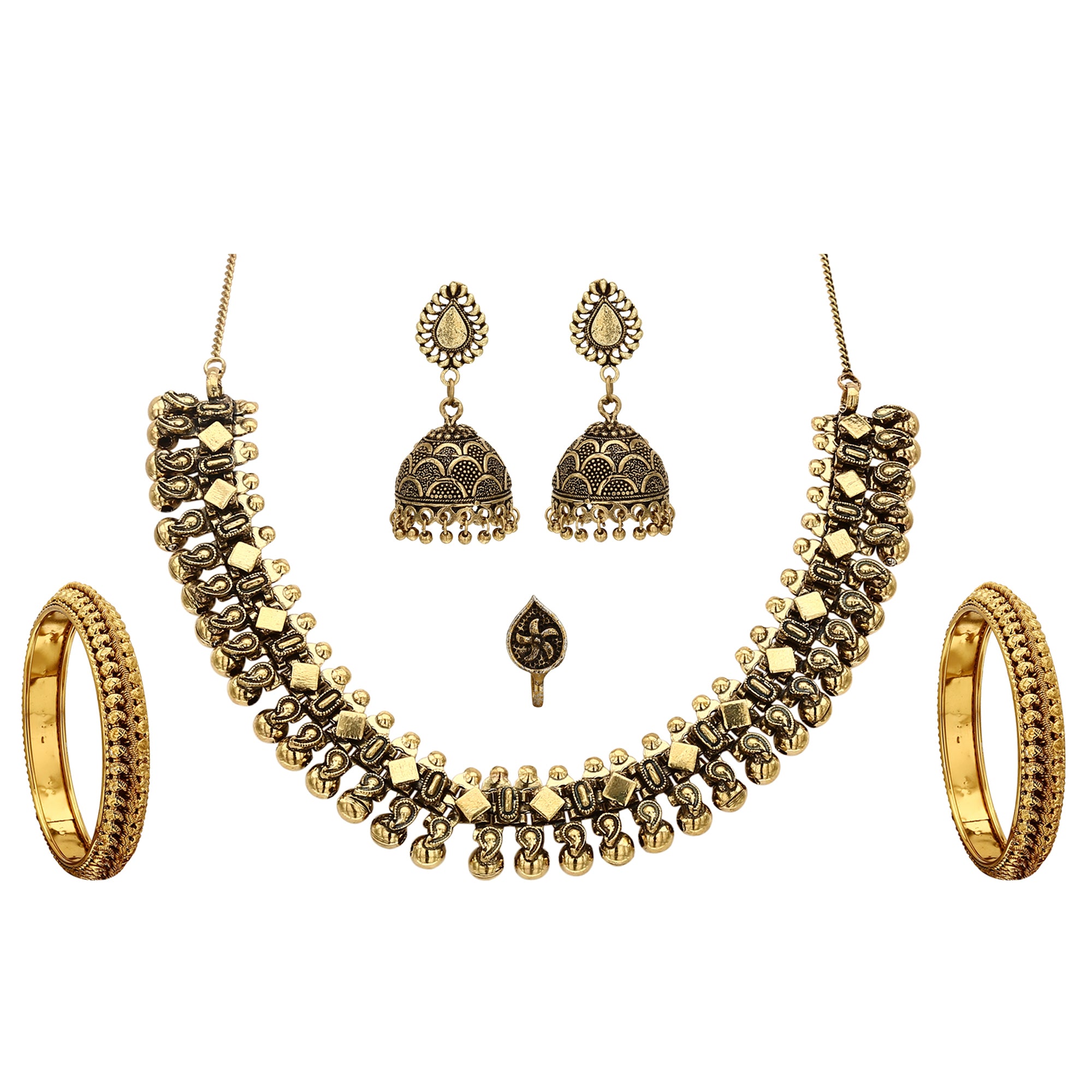 Sasitrends Oxidized German Silver Antique Gold Short Necklace with Earring and Nosepin and Bangles for Women and Girls - Sasitrends