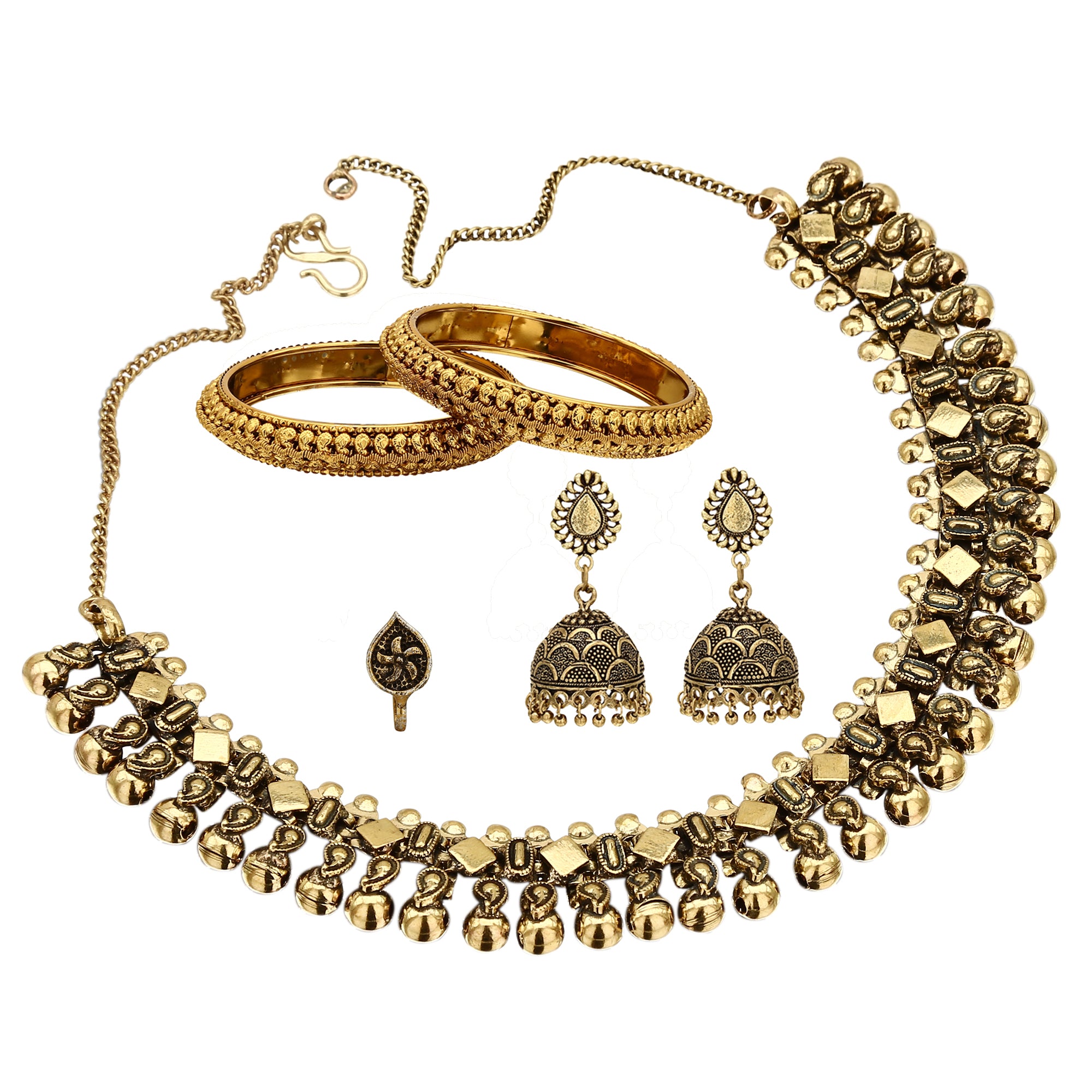 Sasitrends Oxidized German Silver Antique Gold Short Necklace with Earring and Nosepin and Bangles for Women and Girls - Sasitrends