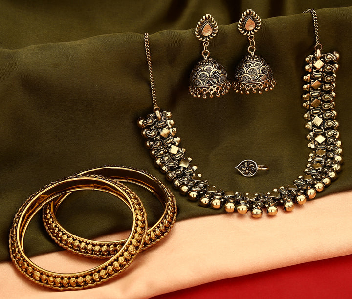 Sasitrends Oxidised Antique Gold Short Necklace with Earring and Nosepin and Bangles Jewellery Set