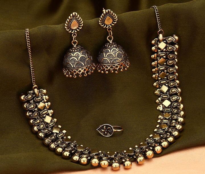 Oxidised Antique Gold Short Necklace Jewellery Set with Nose Ring - Sasitrends