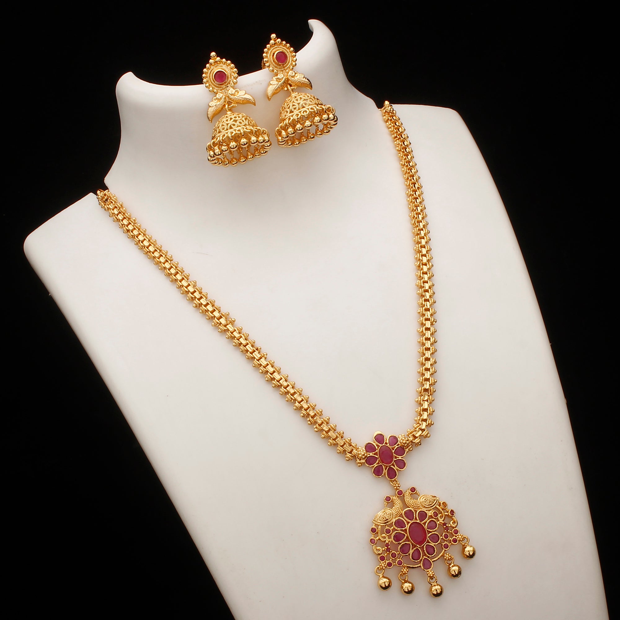 Traditional Micro Gold Plated Peacock Pendant Gajiri Chain Necklace Set - Online Shopping