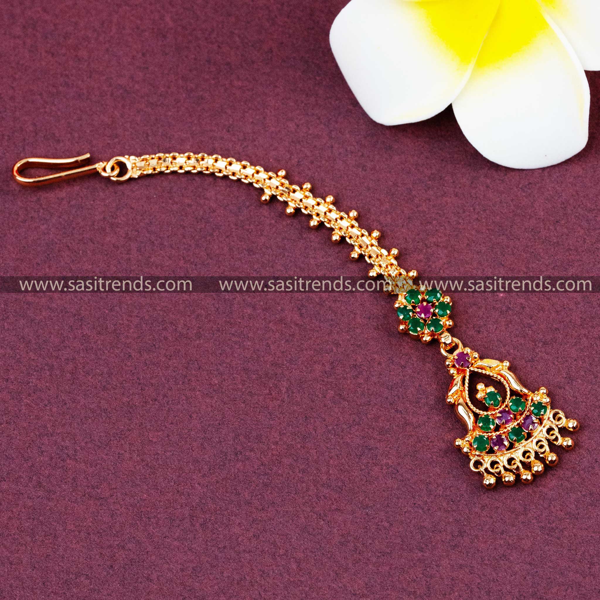 Micro Gold Plated Floral Maang Tikka with Ruby-Green AD Stones and Bead Drops