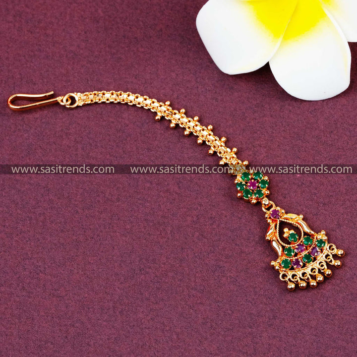 Latest Micro Gold Plated Floral Maang Tikka with AD Stones and Bead Drops | Sasitrends