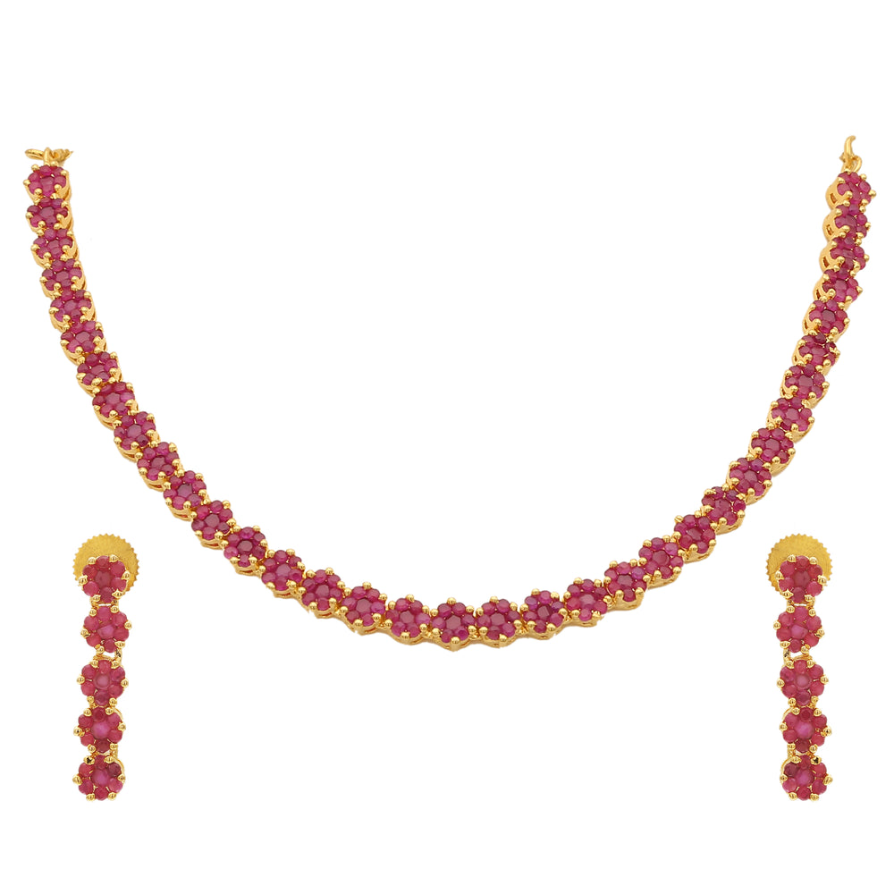 Stunning Party Wear Floral Necklace Set - Micro Gold Plated with American Diamond Stones