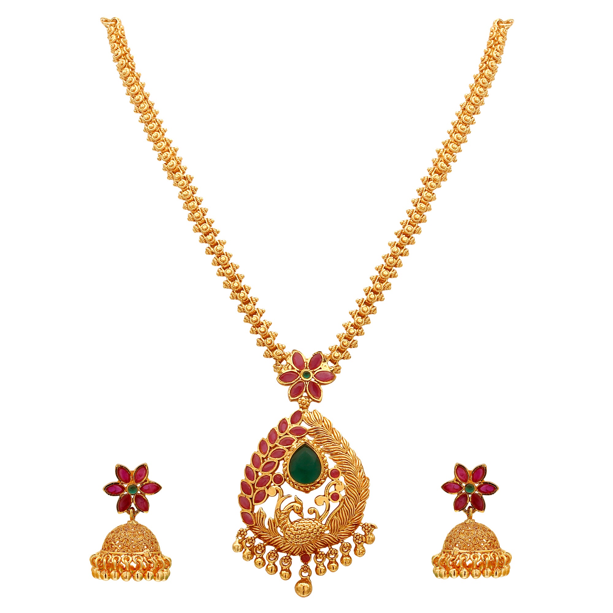 Peacock Pendant Micro Gold Plated Gajiri Chain Necklace Set - Traditional Brass Jewelry with Stones and Matching Jhumkas