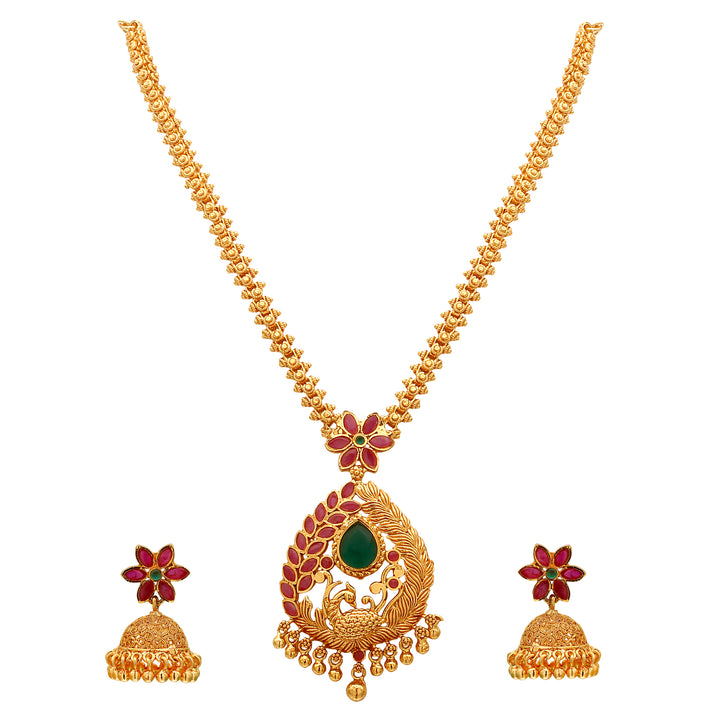 Peacock Pendant Micro Gold Plated Gajiri Chain Necklace Set - Traditional Brass Jewelry with Stones and Matching Jhumkas