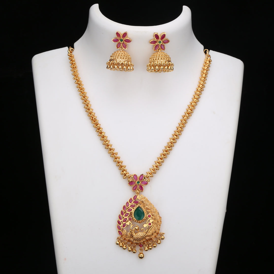 Peacock Pendant Micro Gold Plated Gajiri Chain Necklace Set - Traditional Brass Jewelry