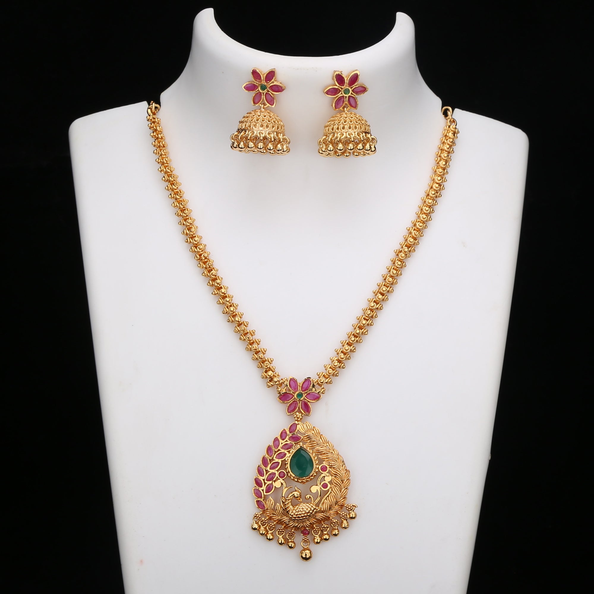 Peacock Pendant Micro Gold Plated Gajiri Chain Necklace Set - Traditional Brass Jewelry