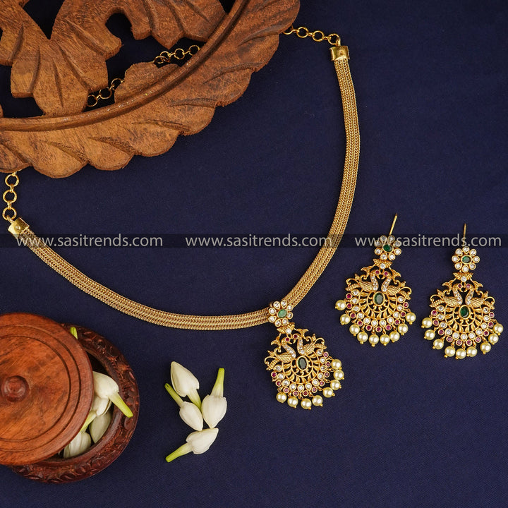 Latest Peacock Pendant Jewellery Set - Temple Matte Gold Plated | Sasitrends