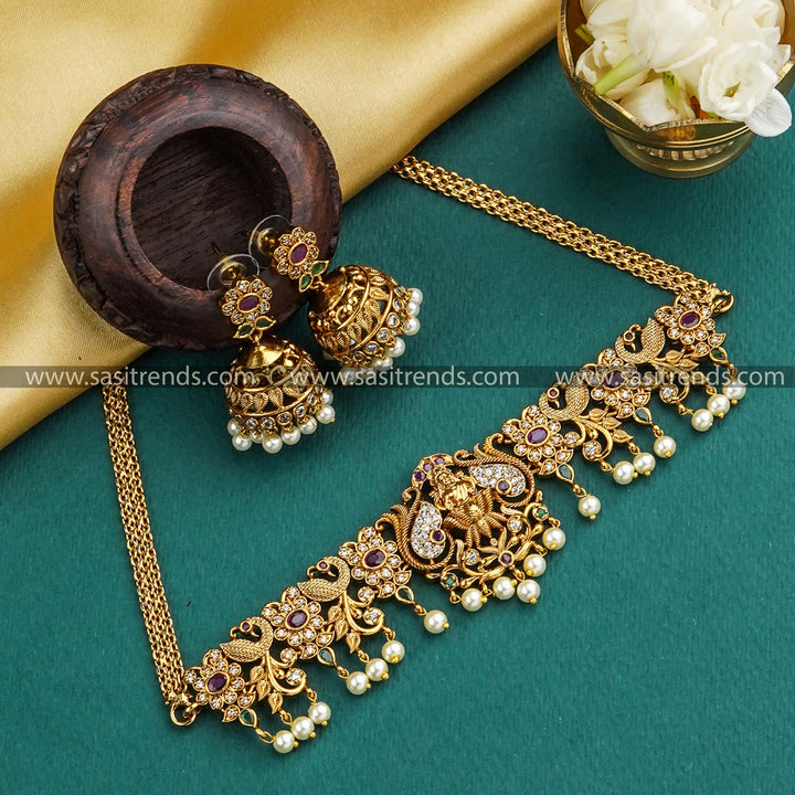 New Flower Leaf Lakshmi Peacock Choker American Diamond Stone Jewellery Set - Temple Matte Gold Plated | Sasitrends