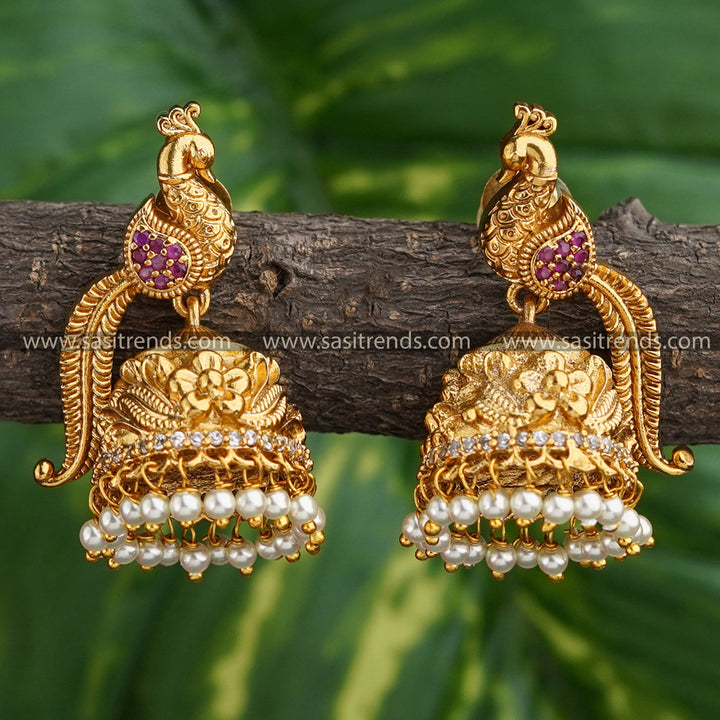 Divine Peacock Feathered Elegance: Traditional Brass Jhumki/Jhumka Earrings - Temple Matte Gold Plated | Sasitrends