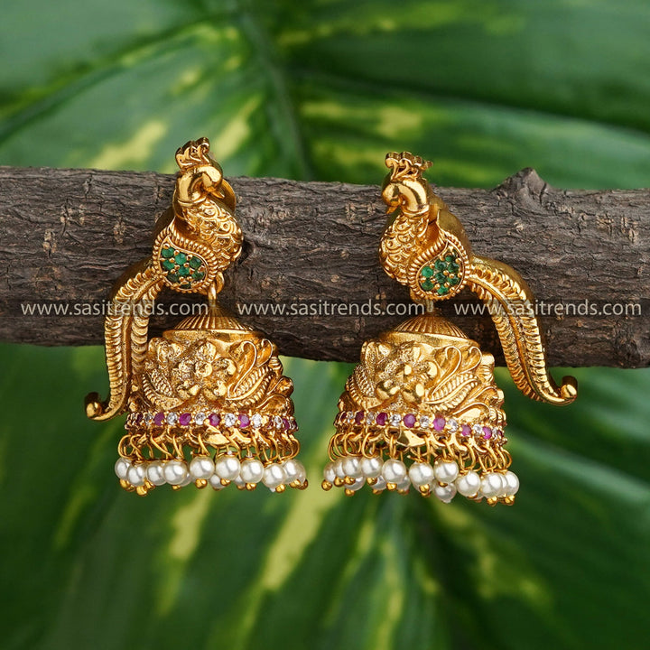 Brass Jhumki/Jhumka Earrings with Peacock and Flower Design