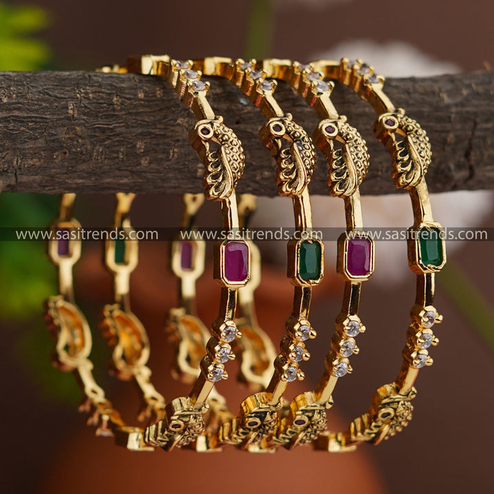 Elegant Temple Matte Gold Plated Multicolored American Diamond Stone Peacock Bangles | Sasitrends