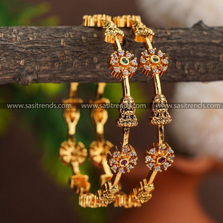 Lakshmi & Flower Motif AD Bangles Pair | Temple Matte Gold Plated | Traditional Design for Women