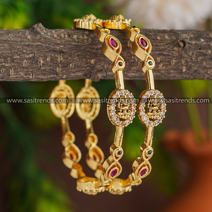 Lakshmi Motif Bangles Pair | American Diamond & Temple Matte Gold Plated | Traditional Jewellery Set