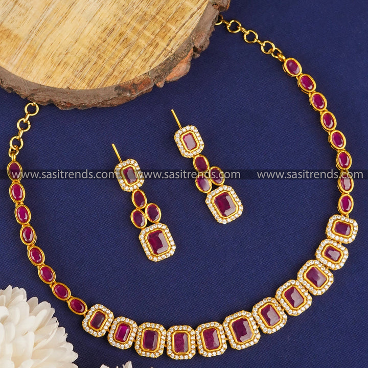 Elegant temple gold tone necklace set with American diamond stones, perfect for special occasions