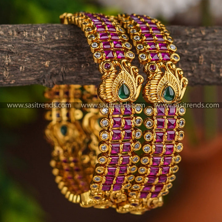 Latest Bridal AD Bangle Set - Multi-Coloured Peacock Motif with Temple Matte Gold Plating