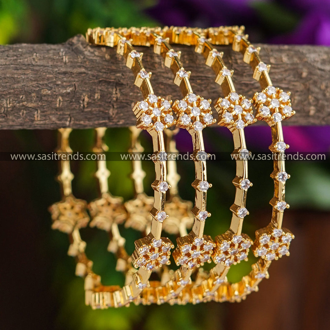 Traditional bangle set with flower motif and AD stone | 1 Gram Micro Plated