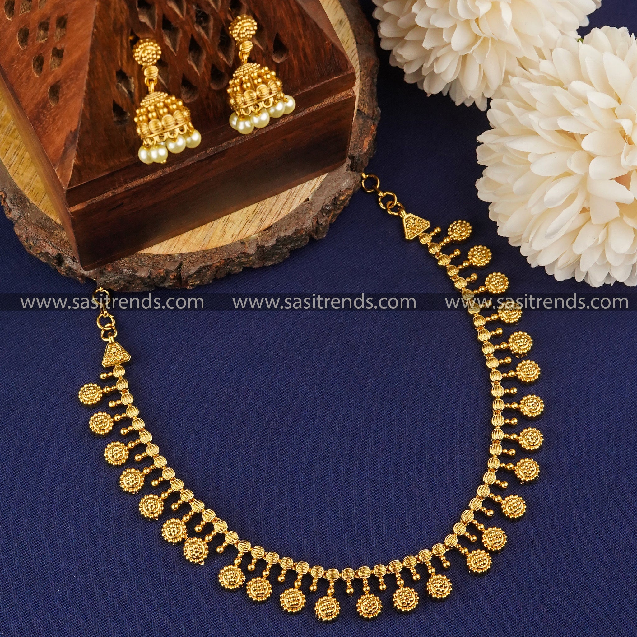 Elegant Matt Gold Necklace Set with Pearl Jhumkas - Perfect for All Occasions