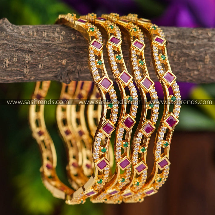 Trendy Two-Layer Micro Gold Plated Bangles Set with Ruby Stones | American Diamond Studded