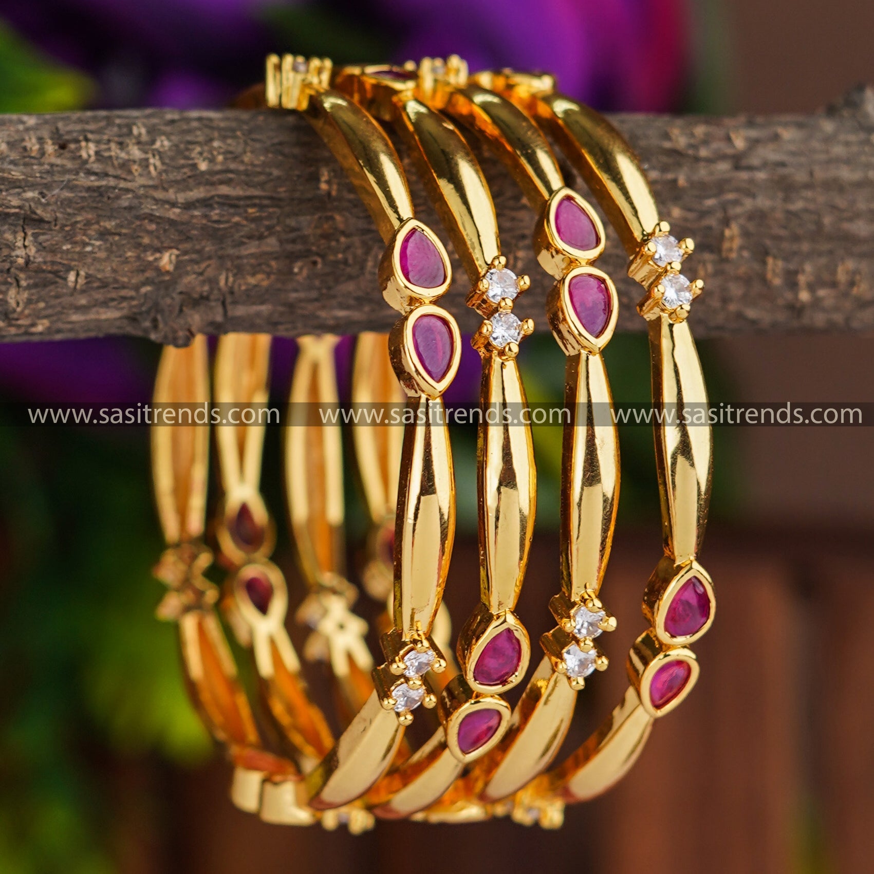 New Trendy White-Ruby Bangle Set | Micro Gold Plated | American Diamond Stones