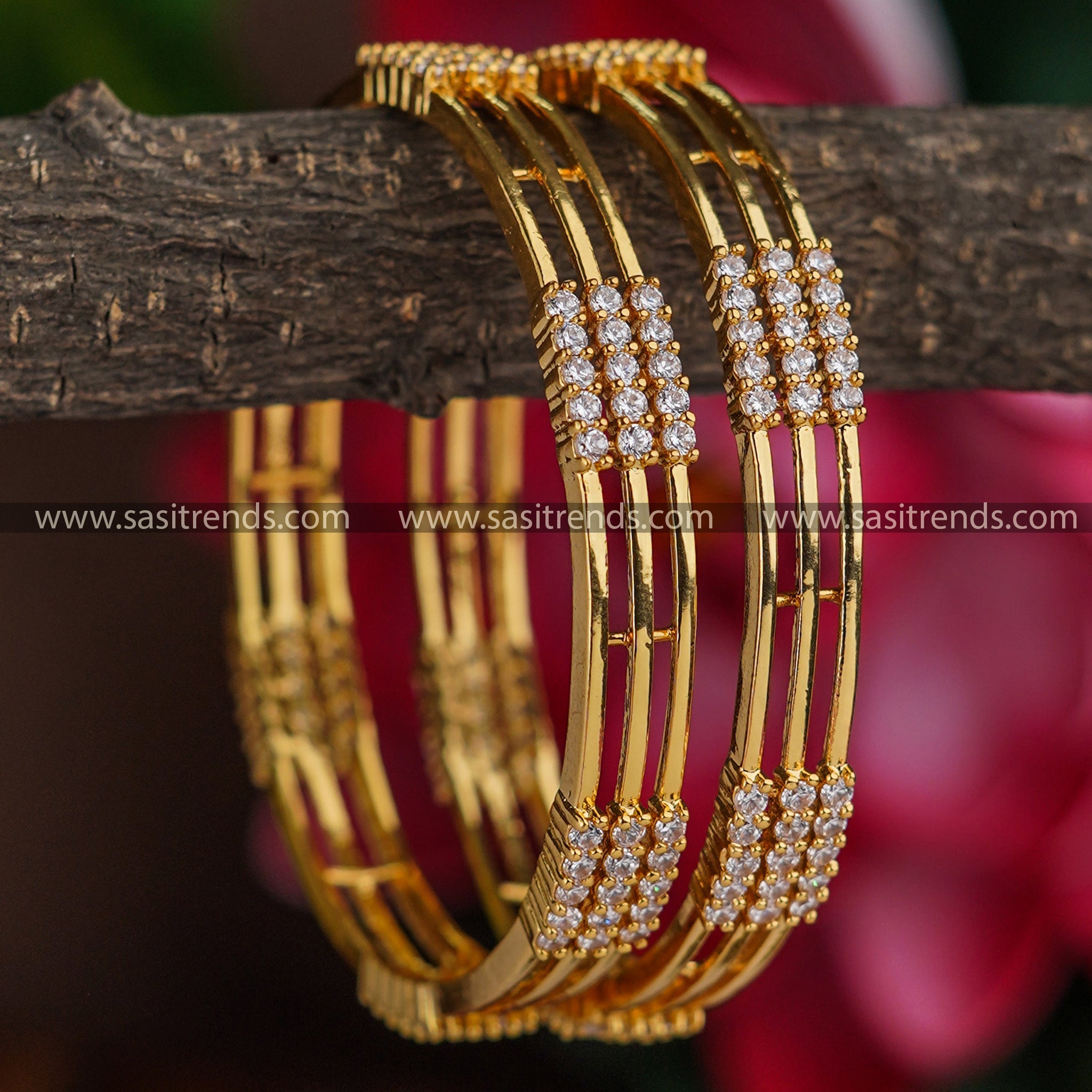 New Traditional Bangle Pair with American Diamond Stones - One Gram Micro Plated, Brass Material