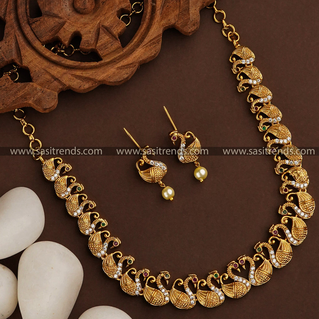 Temple Gold Tone Swan Necklace Set with Multi Color Stones and Pearls - Perfect for Festivals and Traditional Wear