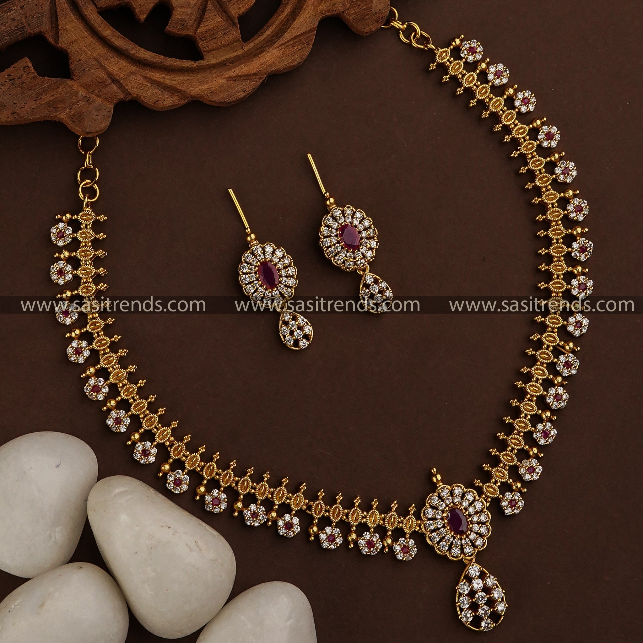 Temple gold plated necklace set with American diamond stones, ideal for party wear and special occasions