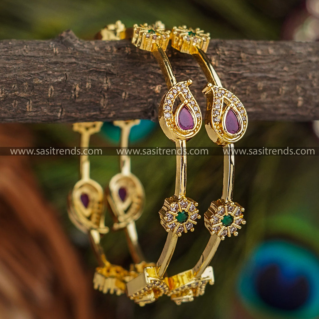 Elegant Traditional Bangle Pair with Flower & Mango Motifs, One Gram Micro Plated, American Diamond Stones.