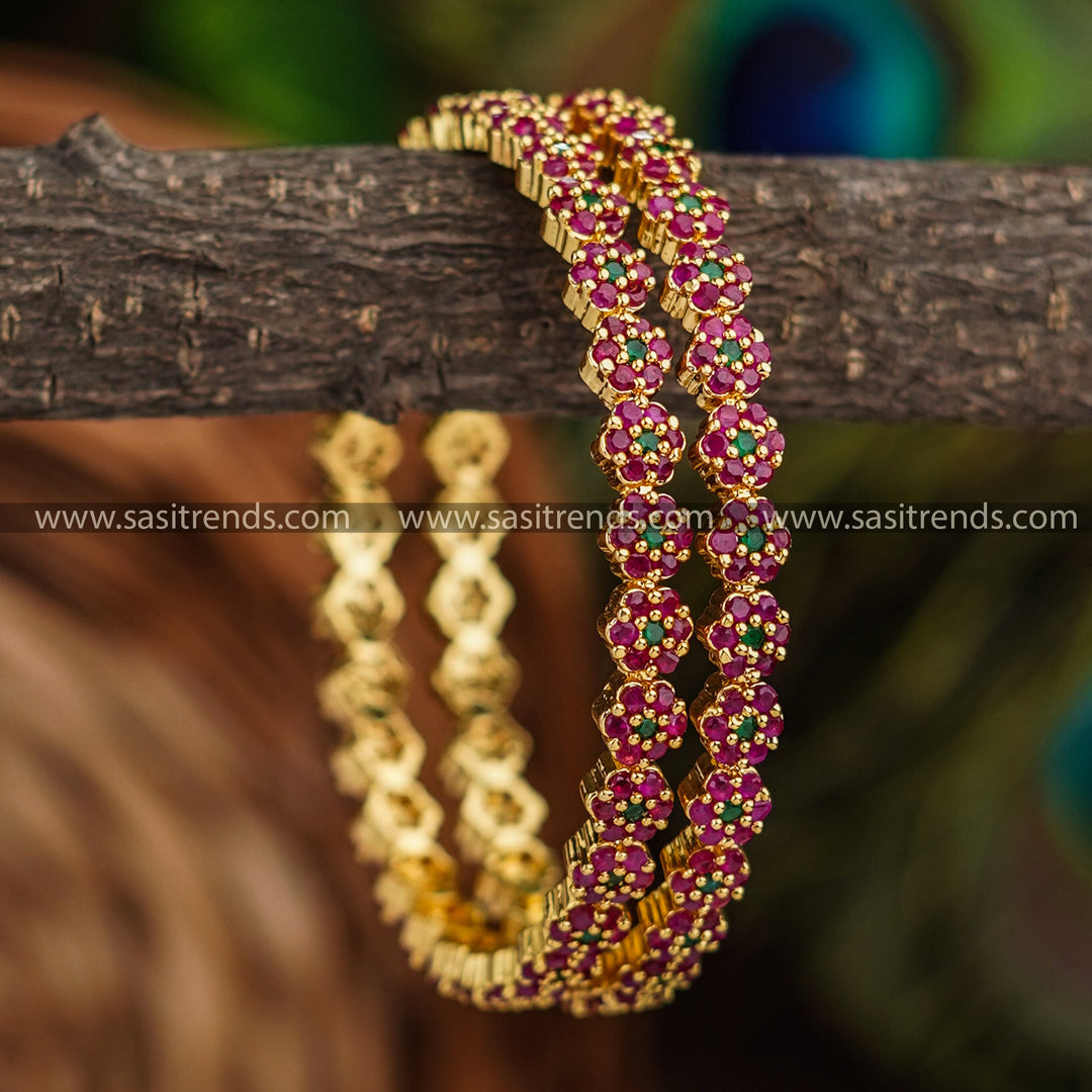 Elegant Traditional Micro Gold Plated Ruby-Green Flower Bangles with AD Stones