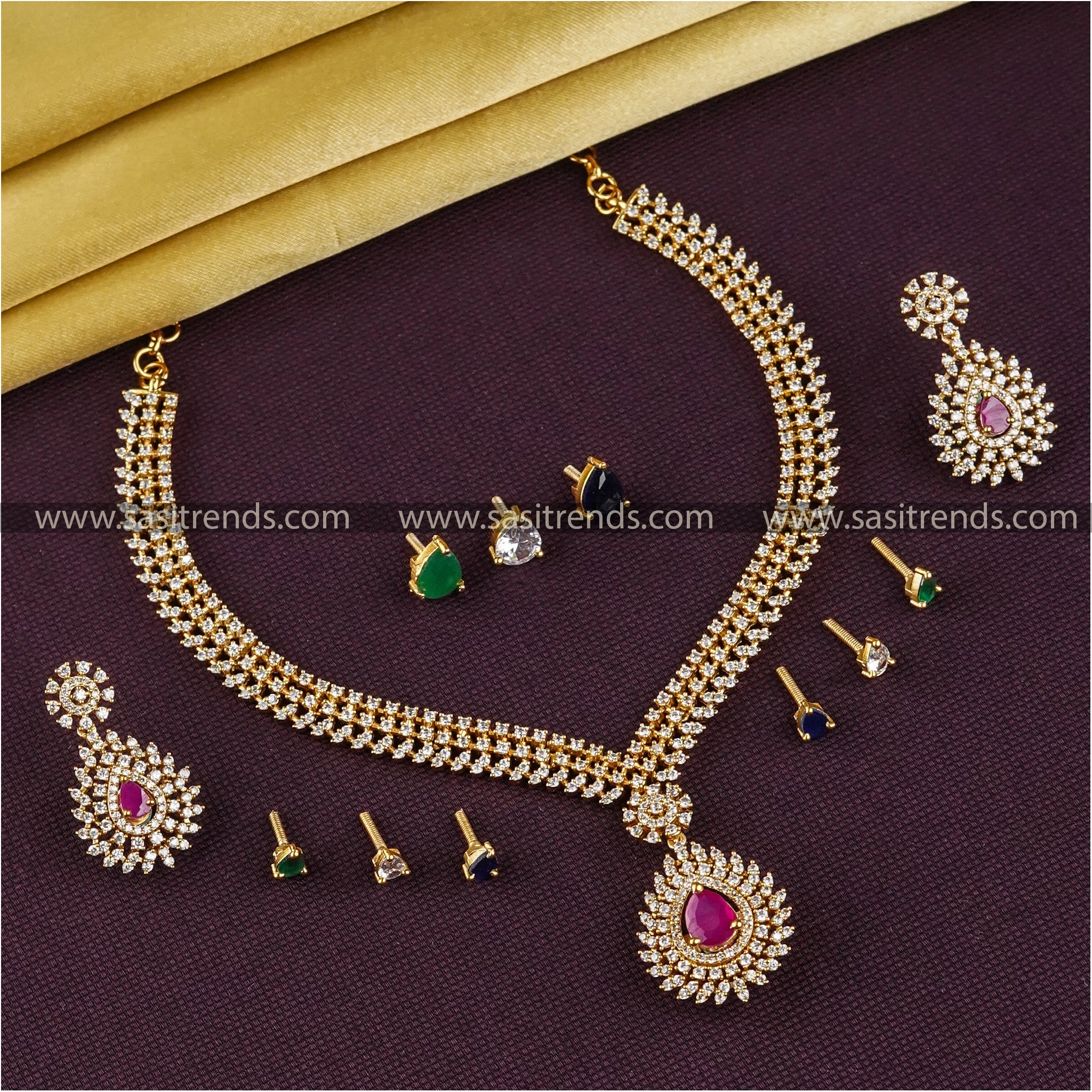 Interchangeable Necklace and Earrings Set with Tilak-Shaped Stones - Perfect for Parties and Gifts