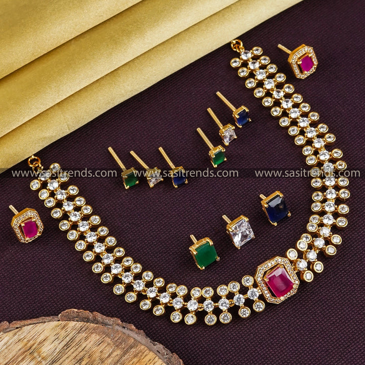 Interchangeable Square Stone AD Choker Jewellery Set with Matte Gold Plating | Sasitrends