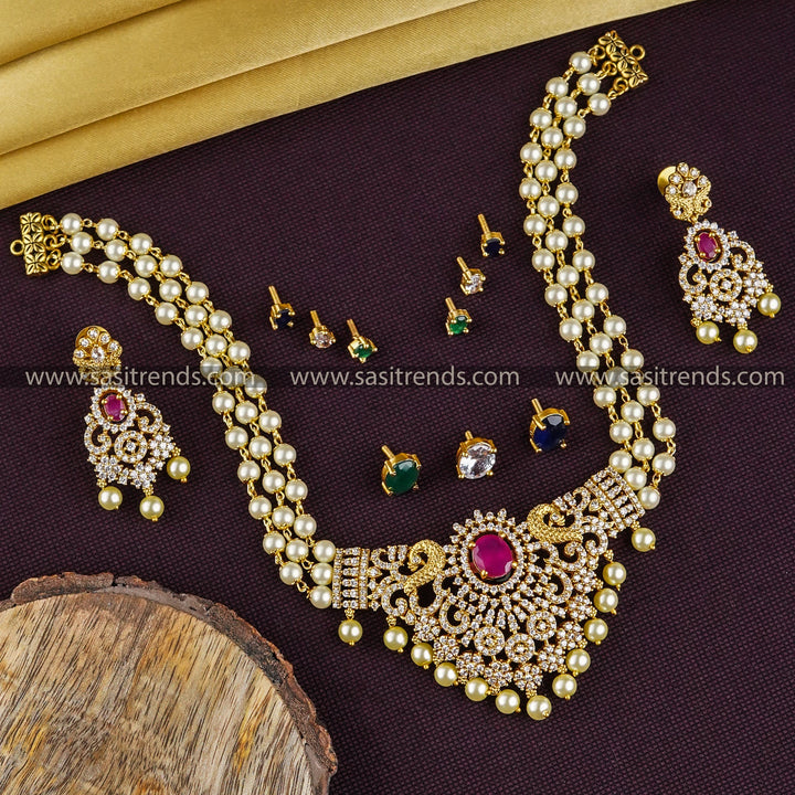 Exquisite 3 Layer Pearl Peacock Temple Matte Gold Plated Choker Jewellery Set with Changeable AD Stones | Sasitrends