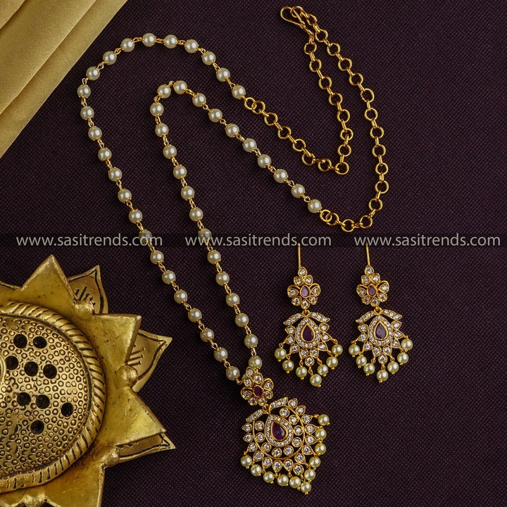 Temple Matte Gold Plated Tilk Stone Pendant Pearl Mala Jewellery Set Sud With American Diamond Stones | Sasitrends