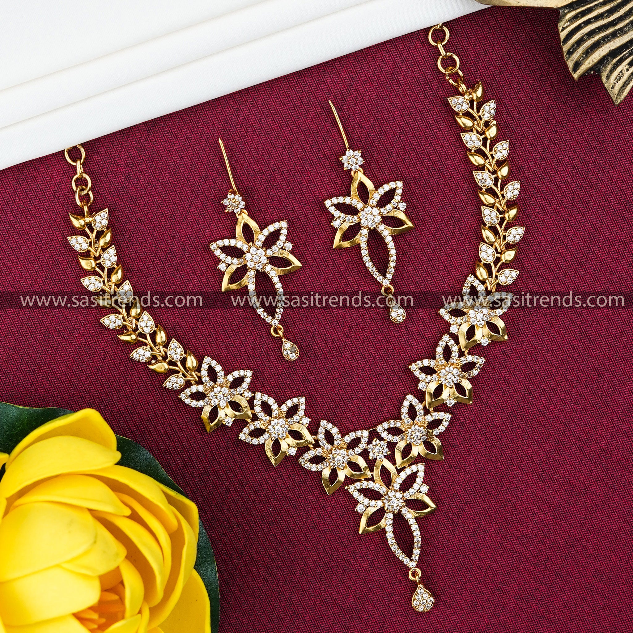 Matt Gold Plated Flower Motif Pendant Necklace Set with American Diamond Stones - Perfect for Indian Outfits