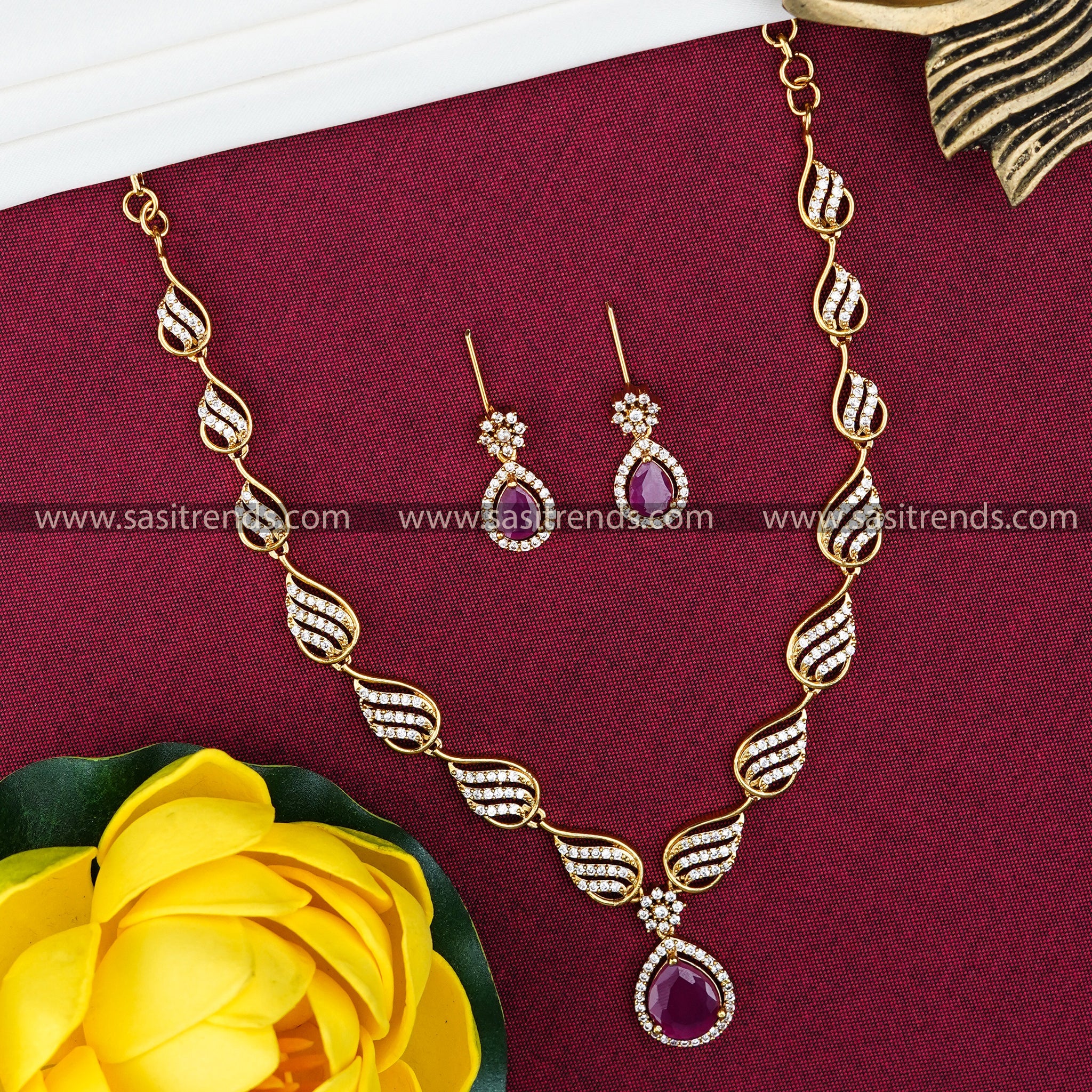 Leaf Motif Necklace with Tilak Water Drop Pendant and Matching Earrings - Elegant party wear jewelry