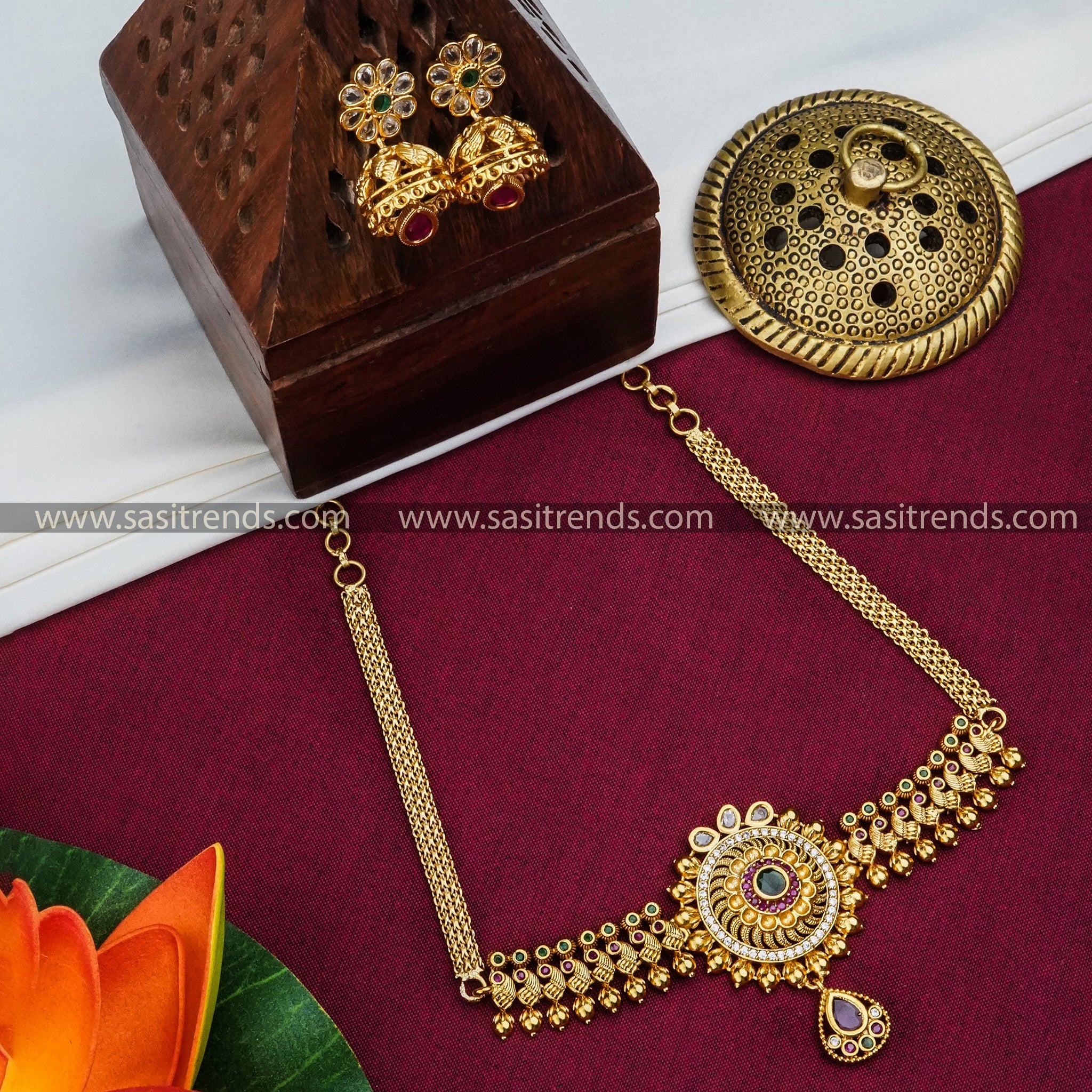 Temple Gold Finish Floral Peacock Choker Set with Jhumkas and American Diamond Stones- Traditional Bridal Wear