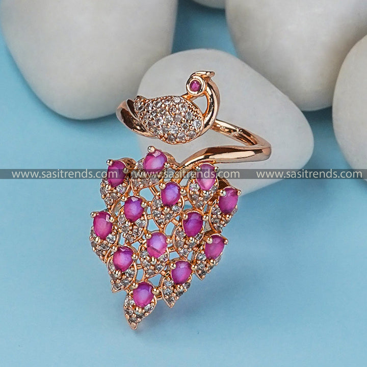 Adjustable Peacock Ring With American Diamond Stones - Bridal Glamour in Rose Gold Plated  | Sasitrends