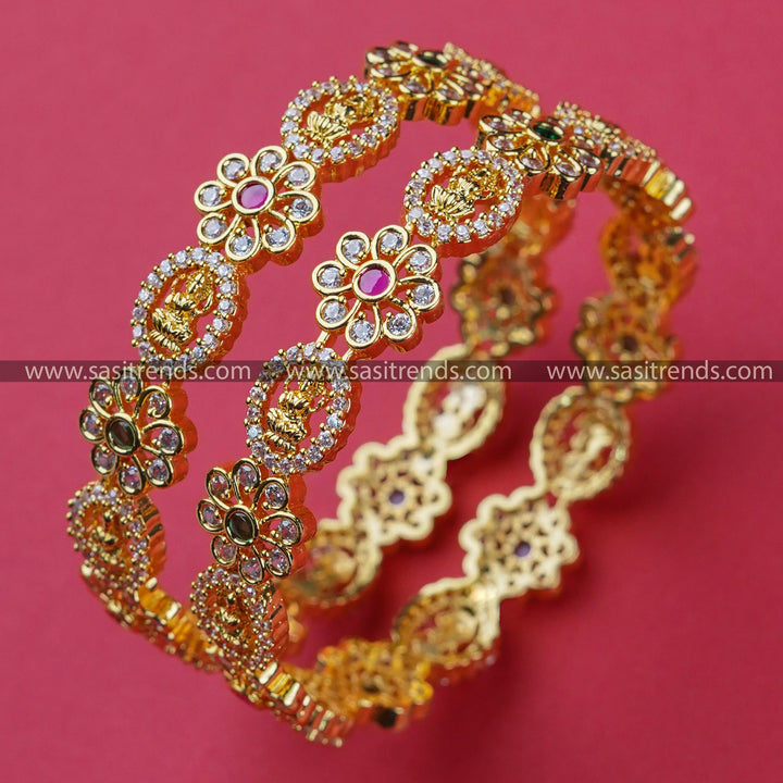 Divine Lakshmi & Floral Motif Micro Gold Plated Bangles with Sparkling American Diamond Stones | Sasitrends