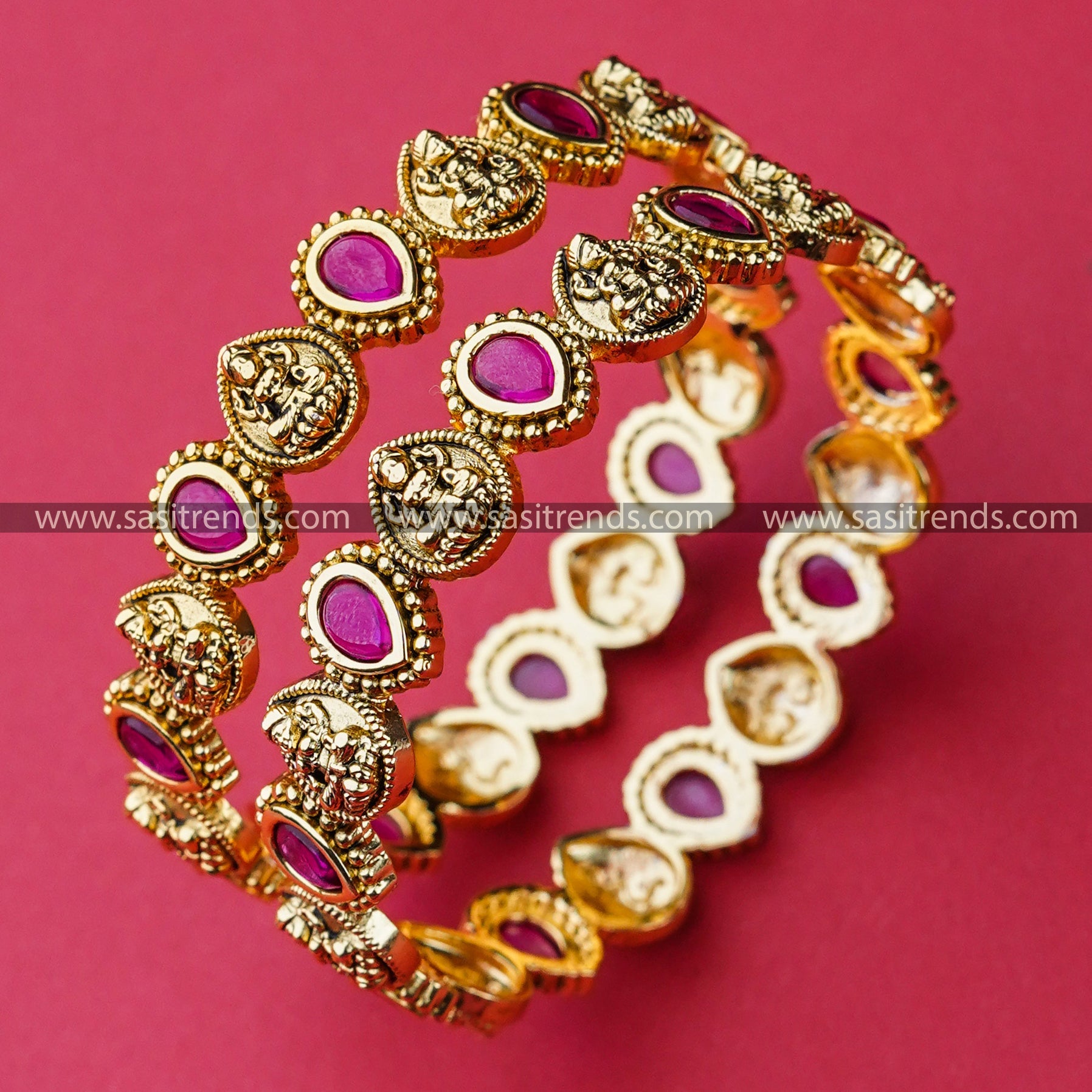 Divine Motifs Brass Bangles - Goddess Lakshmi & Thilak Stones