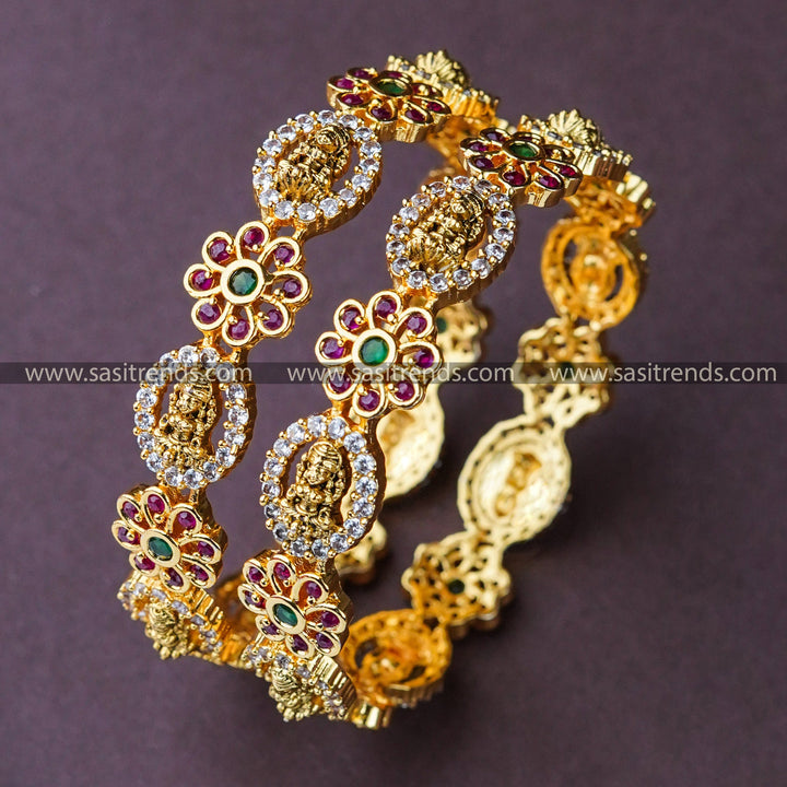 Charming Multi-Color Temple Matte Gold Plated AD Stone Bangles - Lakshmi & Floral | Sasitrends