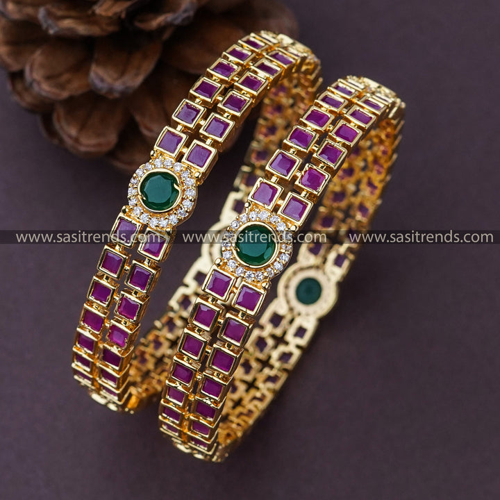 Exquisite Micro Gold Plated Bangles with American Diamond Stone Motifs | Sasitrends