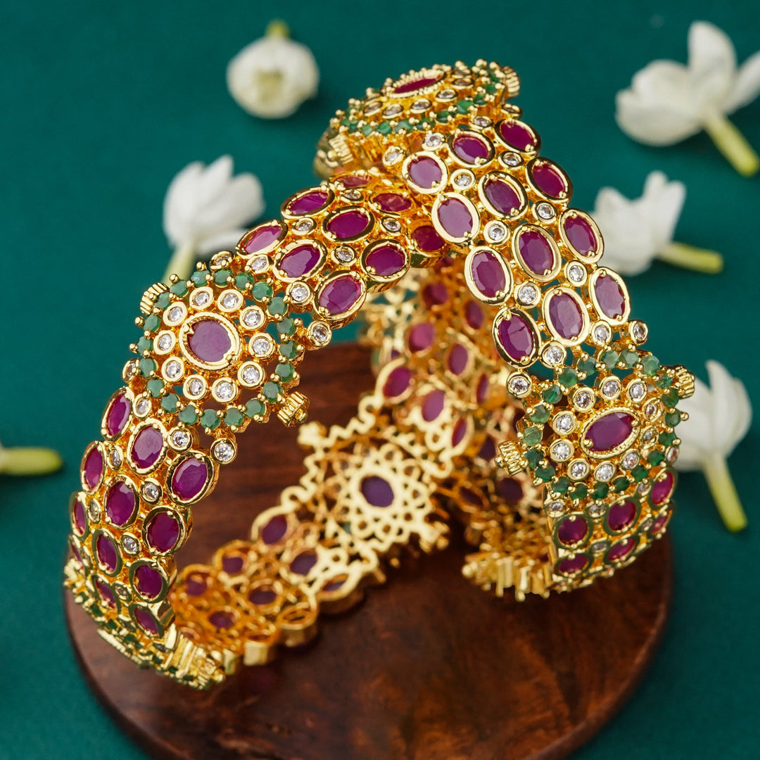 Micro Gold Plated Floral Kada Bangles with American Diamond Stones - Bridal Collections