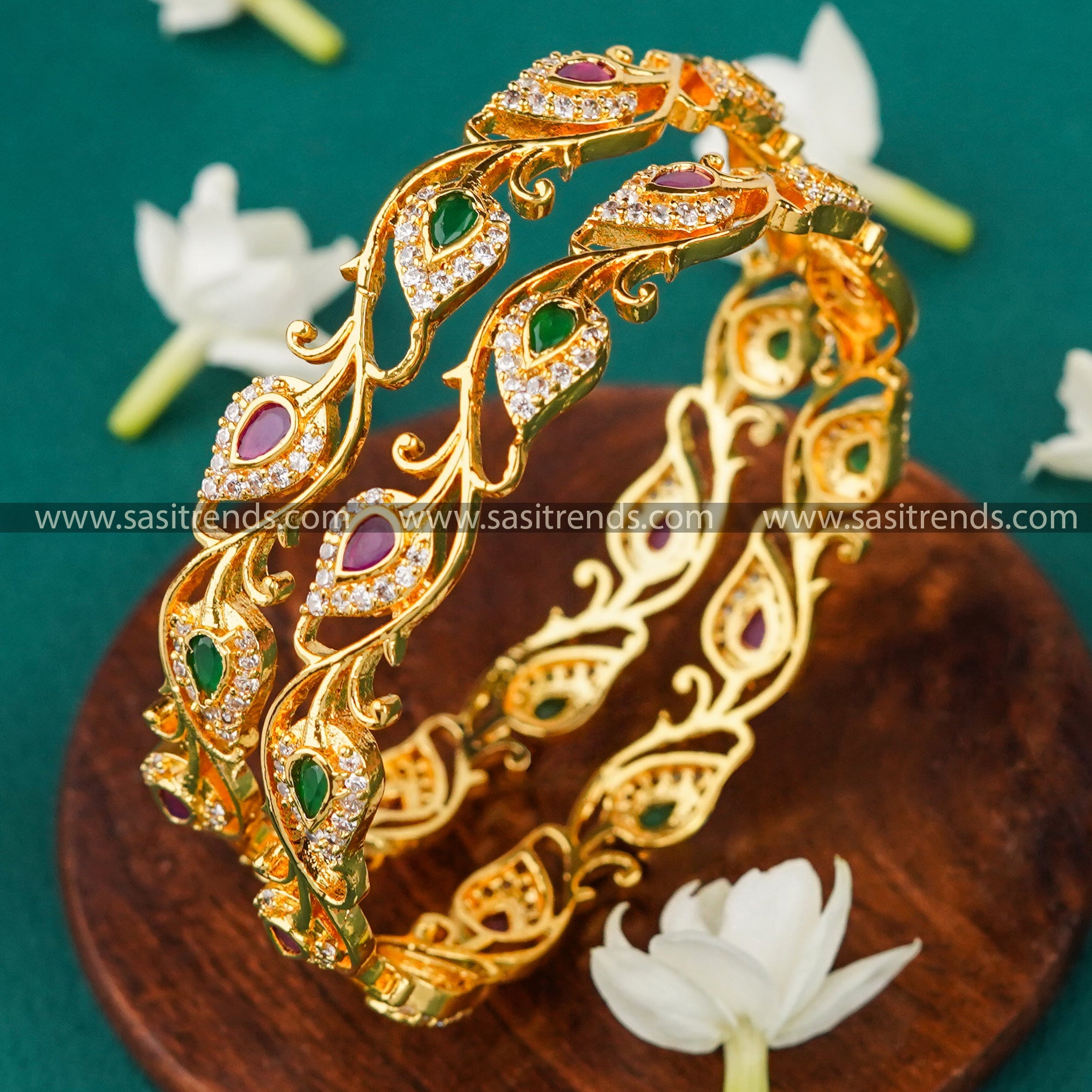 Multi-Coloured Mango Leaf AD Bridal Bangles - Micro Gold Plated Splendor.