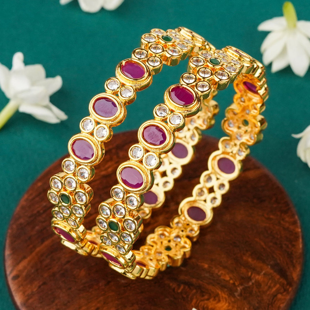 Traditional Oval Ruby & Flower Motif Bangle Pair | One Gram Micro Gold Plated using 24 Carat Pure gold